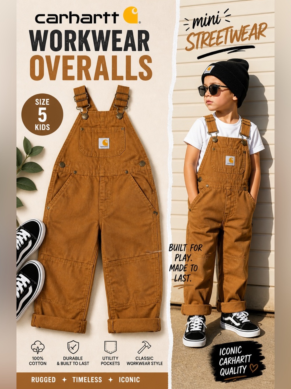 Carhartt Kids Brown Duck Canvas Overalls Bib Carpenter Pants Size 5